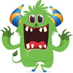Fototapeta premium Furry Funny Cartoon Monster with Big Mouth and Sharp Teeth Isolated