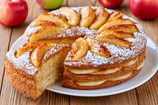 Homemade apple cake with a slice removed