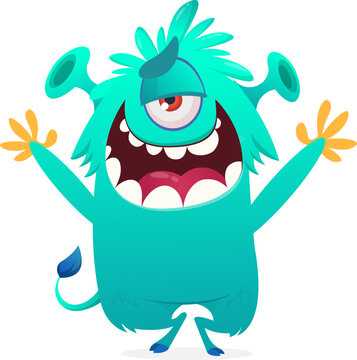 Furry Funny Cartoon Monster with Big Mouth and Sharp Teeth Isolated