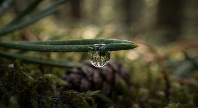 Macro shot of a water droplet on a pine needle with forest reflection