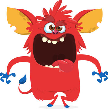 Furry Funny Cartoon Monster with Big Mouth and Sharp Teeth Isolated