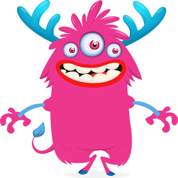 Three Eyed Silly Cartoon Monster Creature with Spots Isolated on White Background