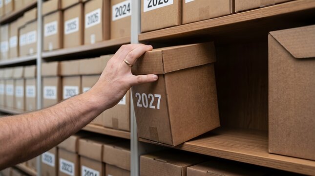 Male arm reaching to pull brown cardboard storage box labeled with year 2027 from wooden shelf in organized document archive storage room warehouse.