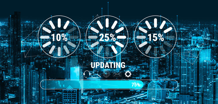 A concept of a system update and software installation. A progress bar and loading icons showing the update percentage and status. Motif