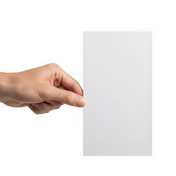 A person holding a blank vertical paper card in their hand for presentation purposes to show a message or design mockup isolated on white background
