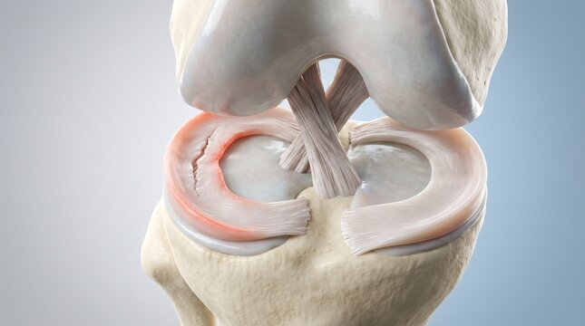 Anatomical Close-up of a Human Knee Joint Showing a Meniscus Tear Injury and Damaged Ligament Structures for Medical Education
