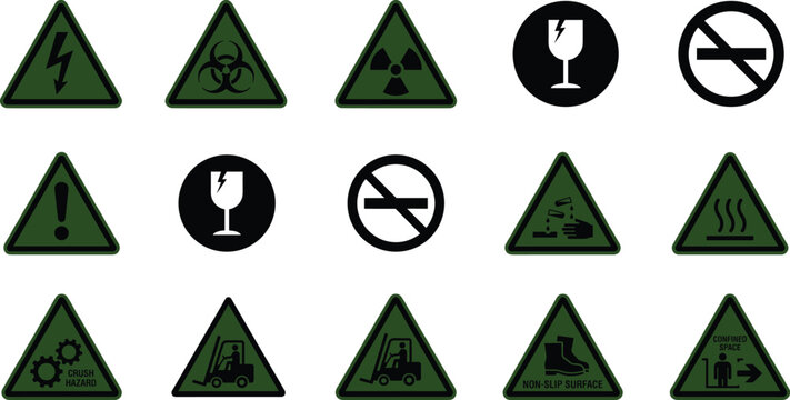 Industrial safety and hazard warning symbols collection in flat vector illustration