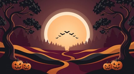 Fototapeta premium Spooky halloween landscape with full moon silhouettes of bats and pumpkins