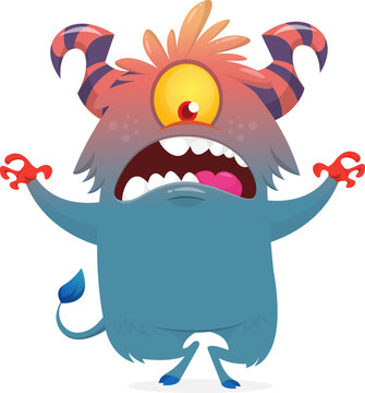 One Eyed Cute Cartoon Monster with Single Eye and Horns Isolated on White