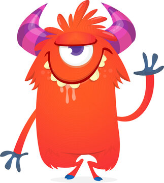 One Eyed Cute Cartoon Monster with Single Eye and Horns Isolated on White