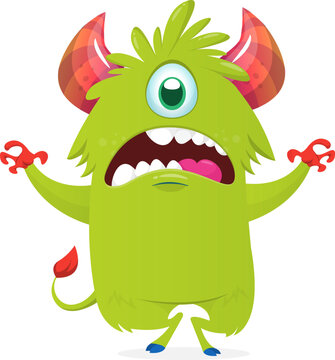 One Eyed Cute Cartoon Monster with Single Eye and Horns Isolated on White