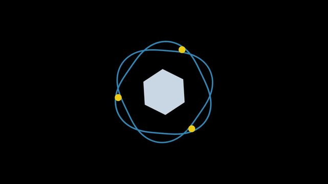Animated atomic structure featuring spinning electrons circling central nucleus core against black background for scientific research and educational presentations.
