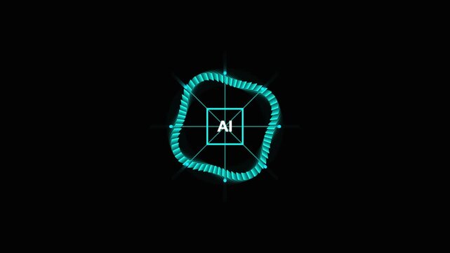 Abstract circular digital hud element with glowing cyan wave pulse animation and central artificial intelligence text sign isolated on simple dark black background.
