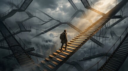Naklejka premium Adventurous traveler with backpack walking upward on endless wooden stairs floating high above dense misty clouds under dramatic golden sunlight in a surreal fantasy landscape setting