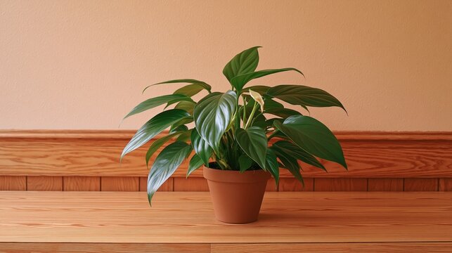 A lush green potted plant sits on a wooden surface against a peachcolored wall.
