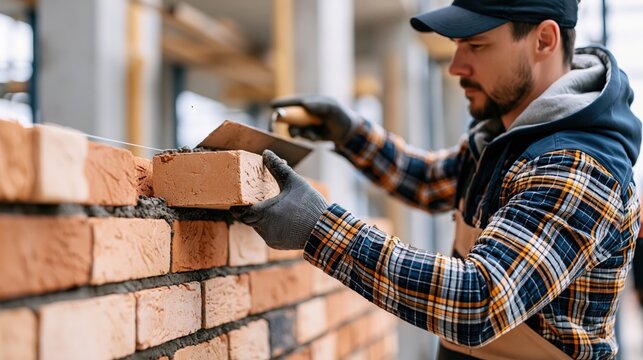 Craftsman carefully places brick to build a wall with mortar.