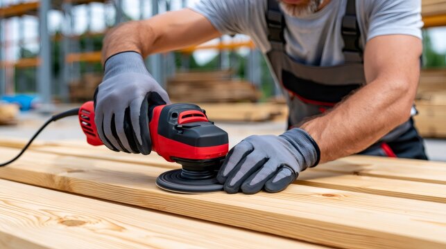 Carpenter sanding wood planks with orbital sander