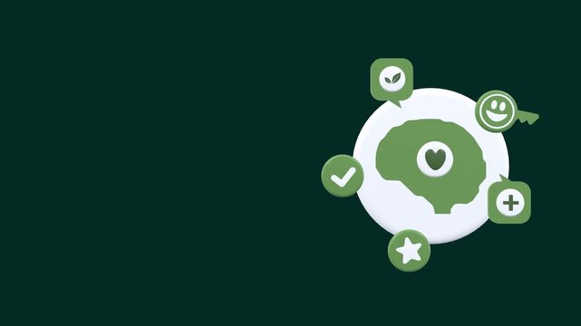 Mental health concept animation with copy space, showing emotional intelligence, heart and brain harmony, emotional balance, mindfulness, self care, and personal wellbeing.