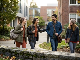 Fototapeta premium Happy college students walking and talking on university campus path