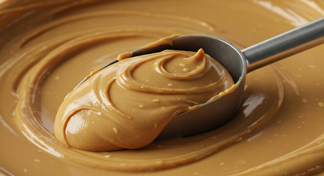 Creamy Peanut Butter Swirl in Scoop, Smooth Texture Macro Shot