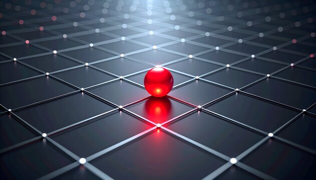 Abstract digital data network grid with a central red sphere representing connectivity node infrastructure system technology and innovation concepts