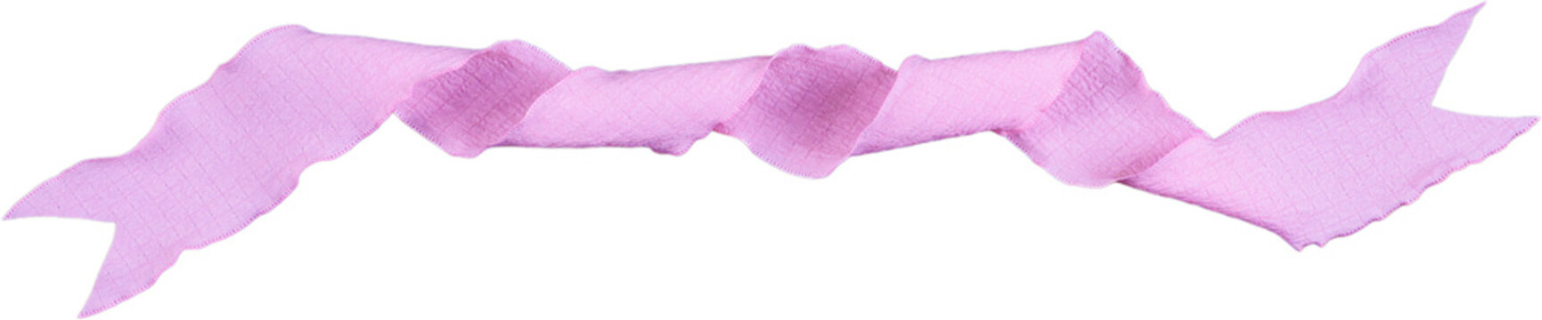 Horizontal long pastel pink wavy wrinkled textured fabric banner ribbon with swallowtail ends isolated on transparent background