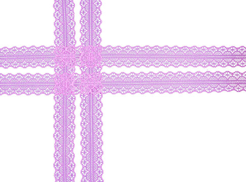 Four intersecting light pink delicate floral lace ribbon strips forming asymmetrical grid isolated on transparent background