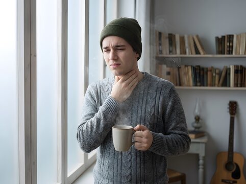 Young man touching sore throat while holding a steaming hot drink
