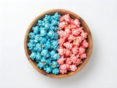 A wooden bowl filled with blue and pink glazed popcorn, neatly divided into two halves, isolated on white background