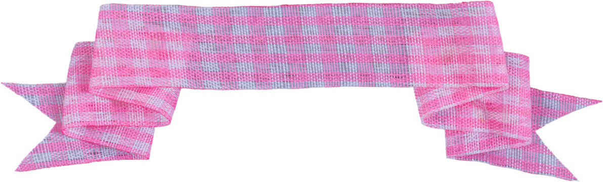 Horizontal pink and white gingham textured mesh ribbon banner with forked ends isolated on transparent background