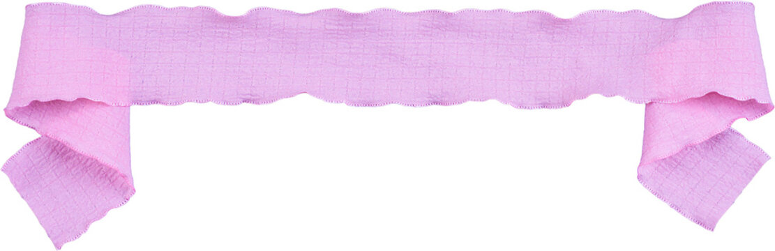 Light pastel pink wavy wrinkled textured fabric ribbon banner with folded ends isolated on transparent background