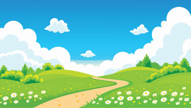 Rolling green hills and blue sky form a scenic landscape illustration
