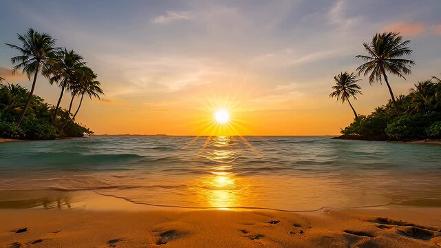 Tropical beach at sunset with palm trees and calm sea ocean