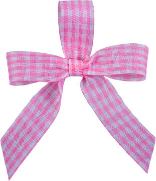 Pink and white woven gingham patterned ribbon bow with two angled tails isolated on transparent background