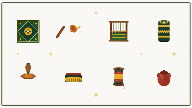 Flat design icons of traditional weaving tools and craft supplies set
