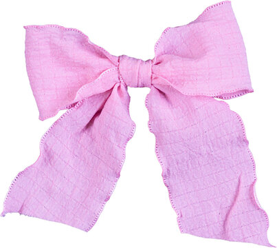 Pink wavy wrinkled gauze ribbon bow with stitched edges and asymmetric tails isolated on transparent background