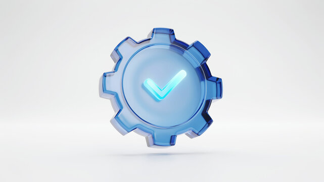 Blue gear with checkmark symbol on transparent background cog cogwheel