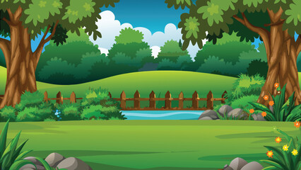 Obraz premium Cartoon forest scene depicts rolling hills a river and lush greenery