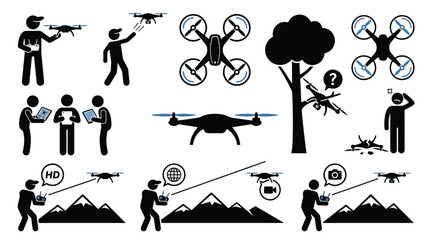 Fototapeta premium Black vector illustration set showing people operating remote control drones in various professional outdoor scenarios