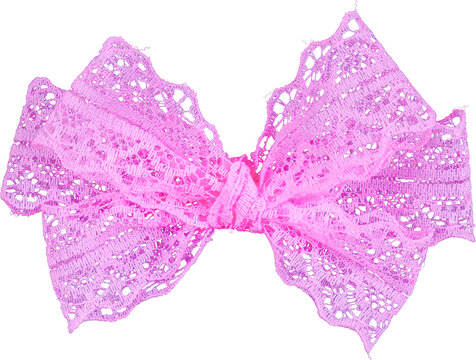 Vibrant bright pink openwork floral lace ribbon intricately tied into a bow isolated on transparent background