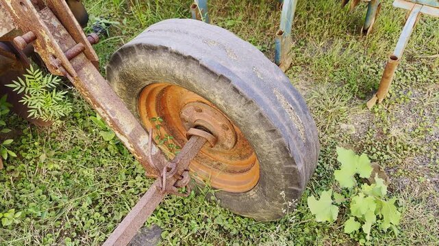 Close up of old rusty farm equipment wheel resting on overgrown grass.