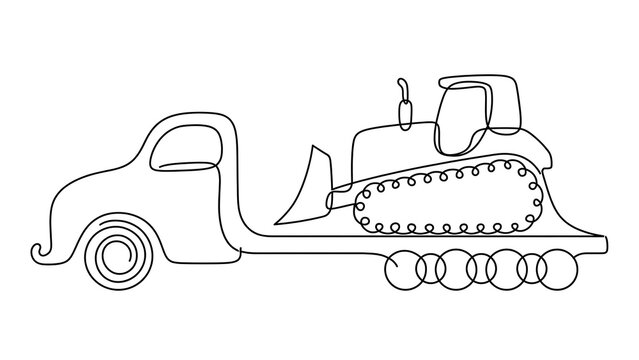 Line art bulldozer and truck on white background.