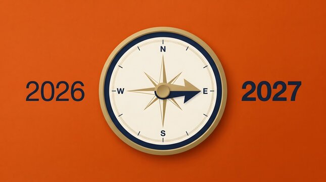 Vintage style navigation compass arrow pointing east toward year 2027 on orange background represents strategic business vision and future objectives.