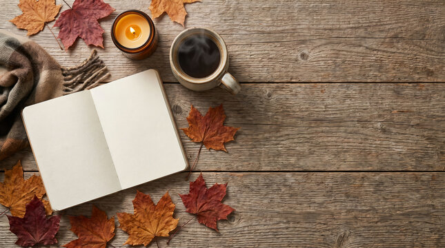 Autumn flat lay with coffee notebook candle and fall leaves on rustic wooden table