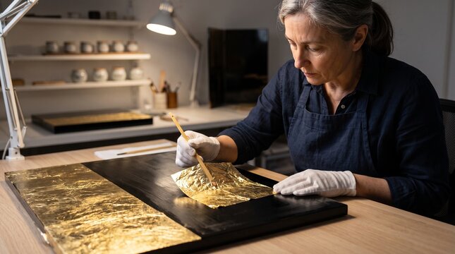 Gold leaf application by female artisan in professional studio with sharp focus and warm lamp lighting for luxury brand marketing