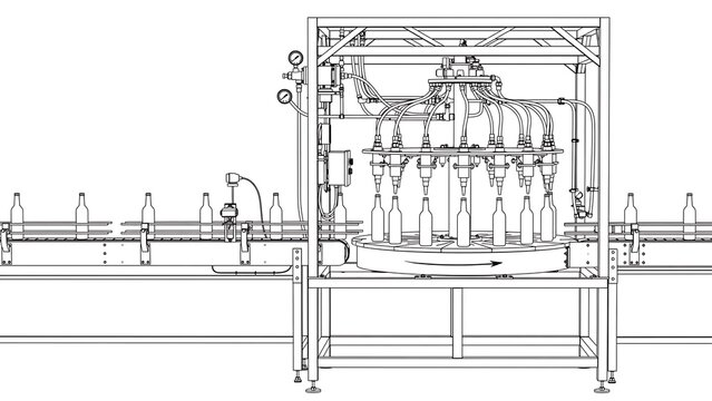 Industrial bottling line machinery white background.