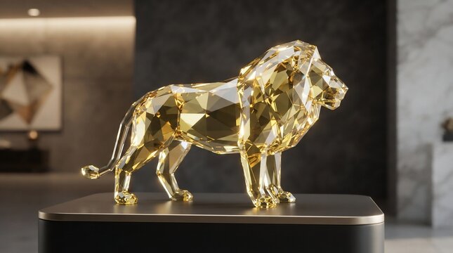 Crystal lion sculpture symbolizing power and luxury displayed indoors
