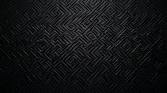 Dark black embossed geometric maze pattern with interlocking lines and square spiral meander shapes. Textured matte surface background with subtle lighting and vignette edges.