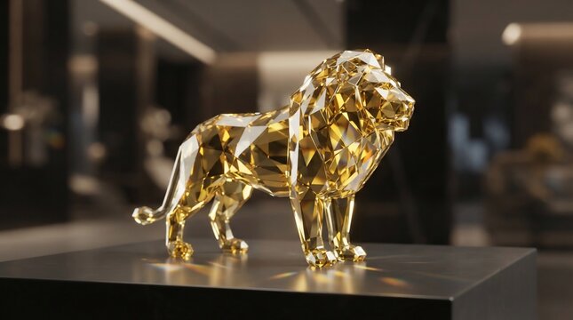 Elegant golden geometric lion sculpture on display stand indoors