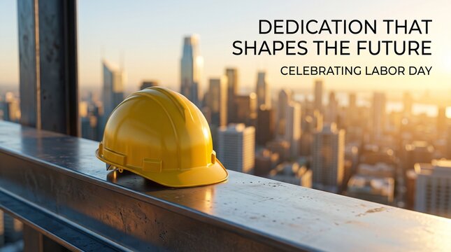 Labor Day banner with yellow hard hat on steel beam over city skyline at sunset background